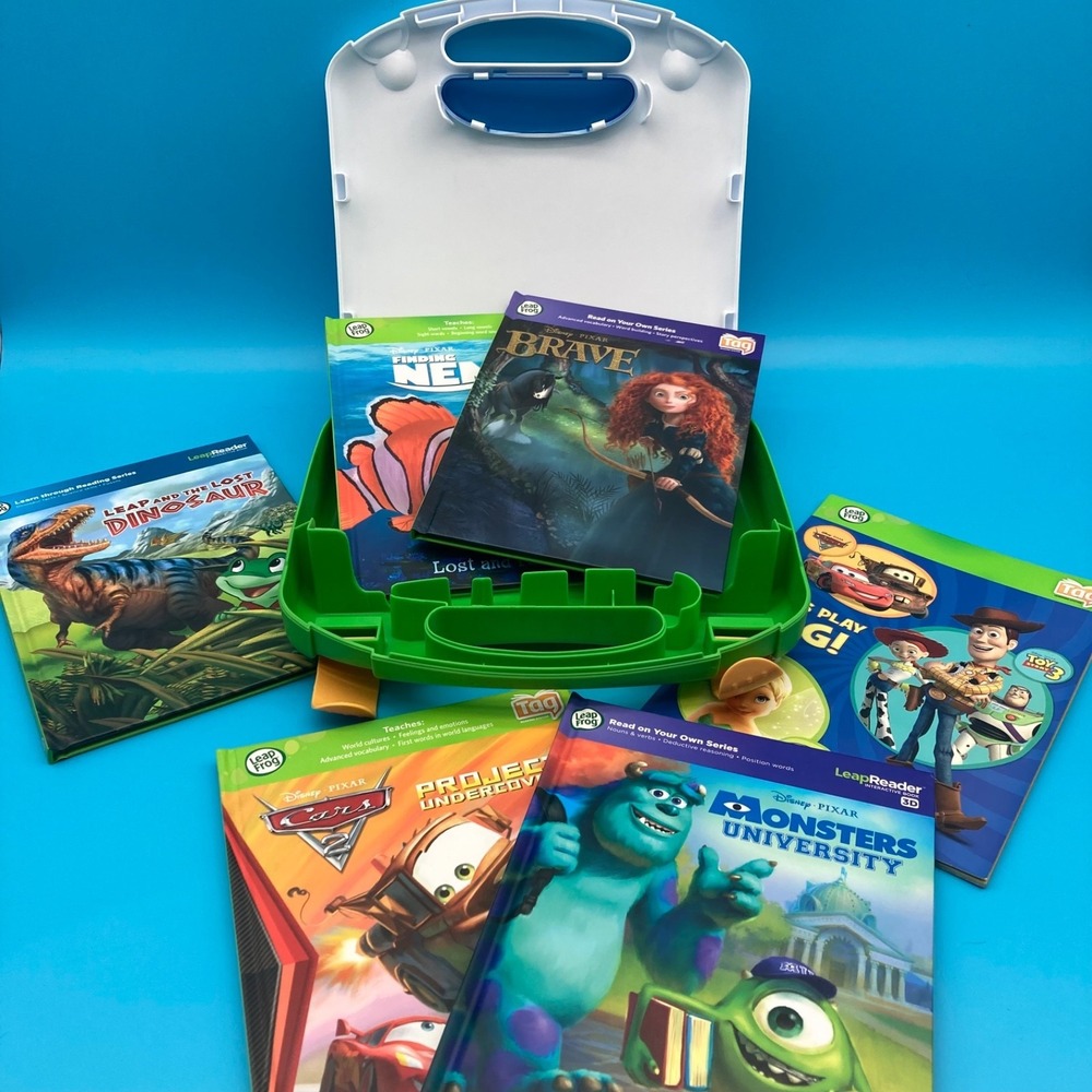 LeapFrog Book Lot of 6 with Green Storage Case Disney Pixar Tag LeapReader